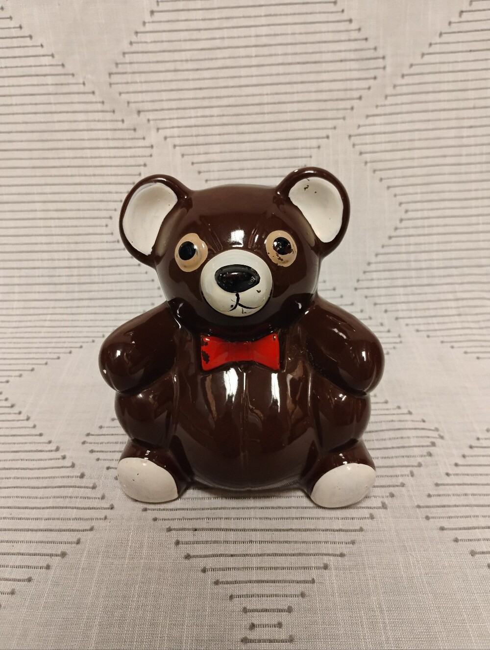 Vintage Brown Teddy Bear Ceramic Bank with Red Bow Made In Japan 70s